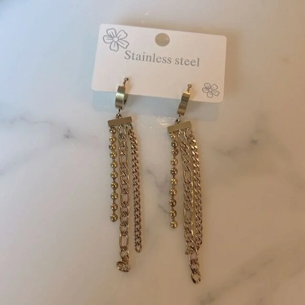 Gold Stainless Steel Multi Strand Tassel‎ Huggie Hoop Dangle Drop Earrings Long